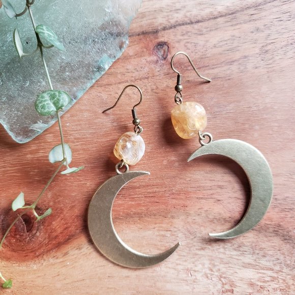 Citrine Quartz + Rustic Crescent Moon Handmade Healing Earrings - Picture 1 of 3